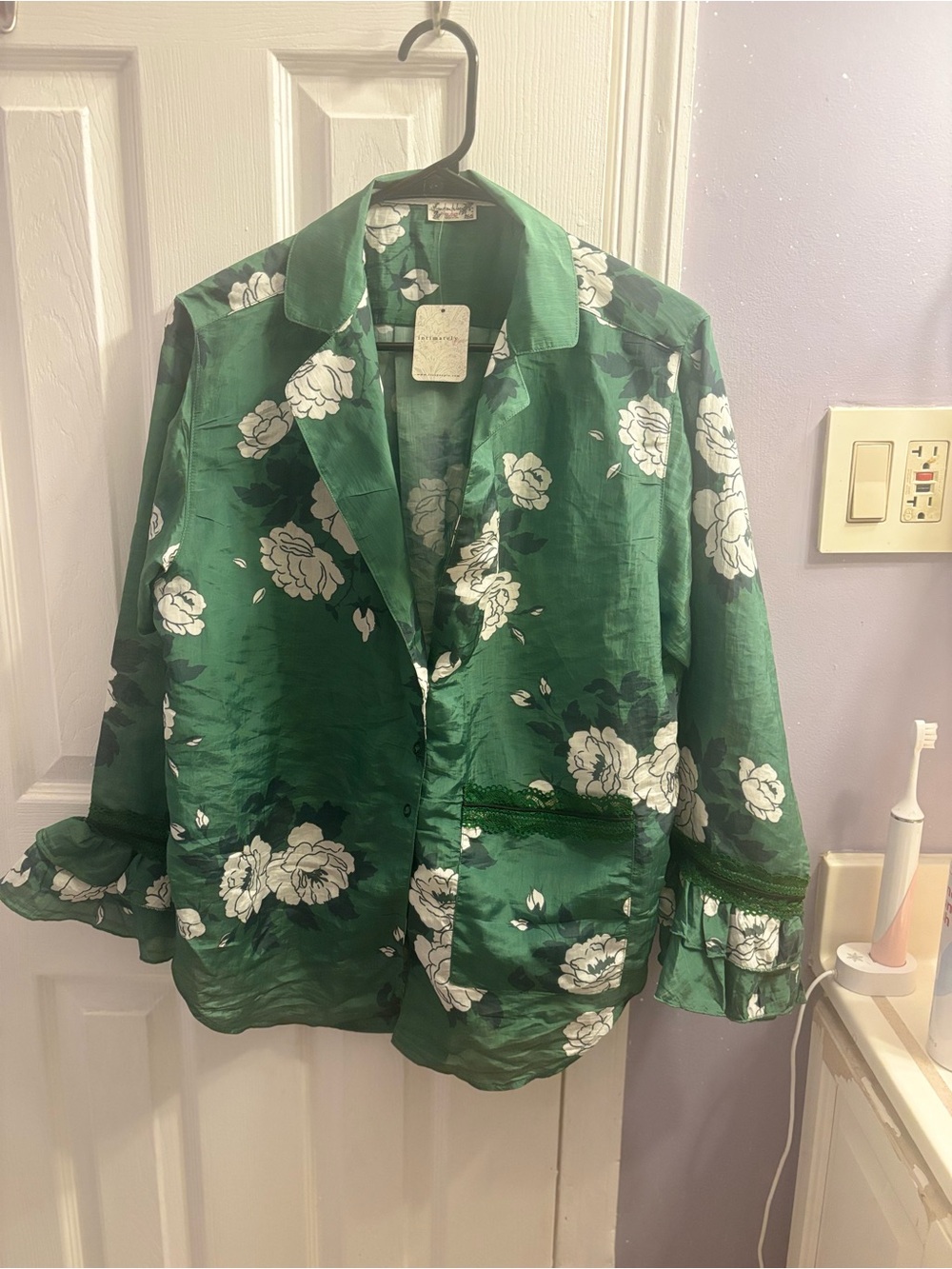 Green Floral Satin Pajama Set
